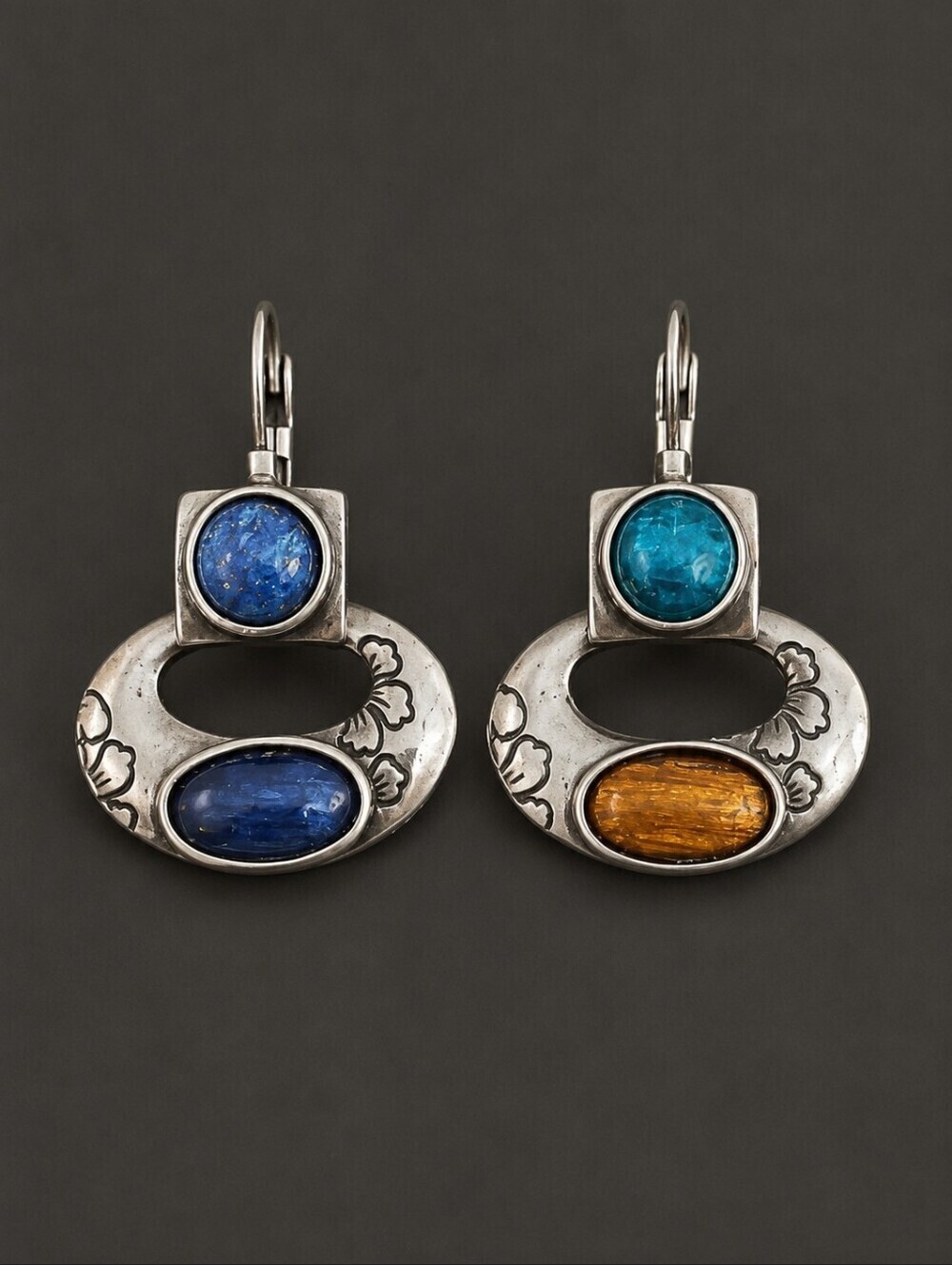VTG Mismatched Oval Gem Mod Leverback Earrings
